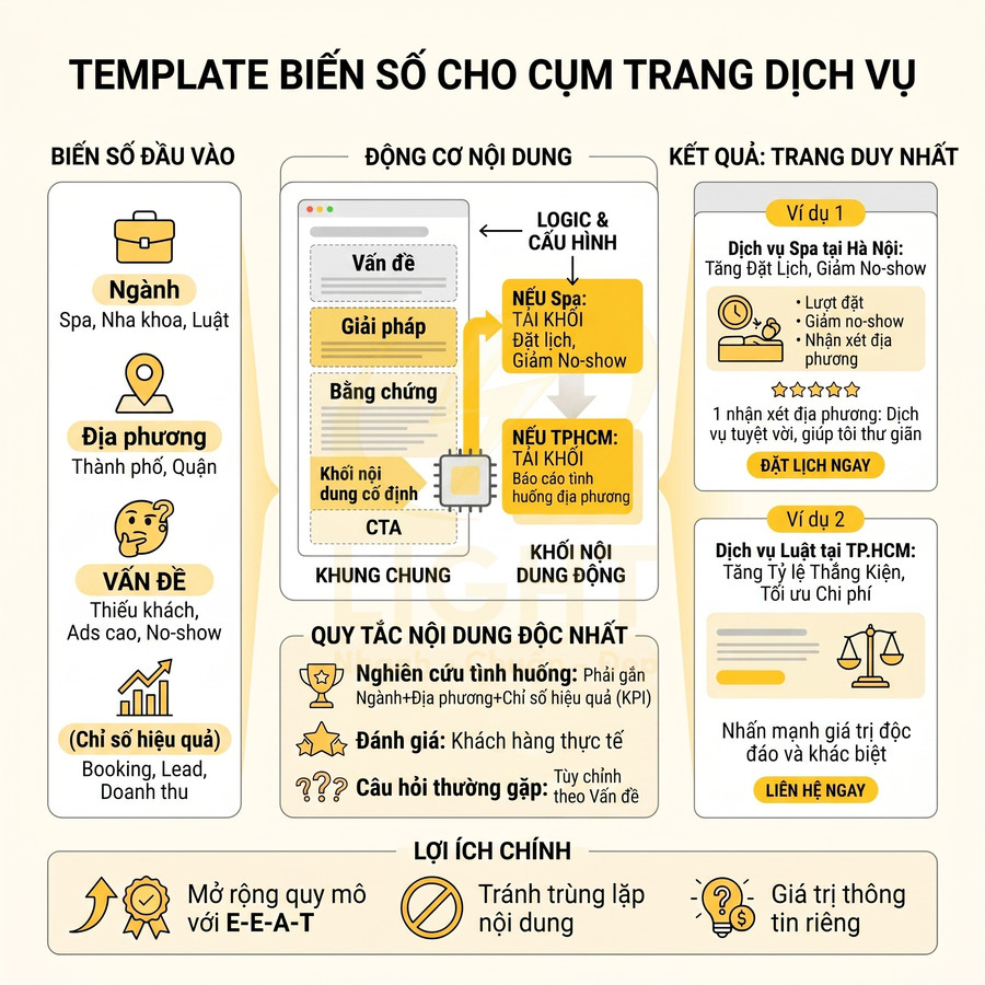 Template biến số cho cụm trang dịch vụ với các khối nội dung động và ví dụ tối ưu SEO theo ngành, địa phương