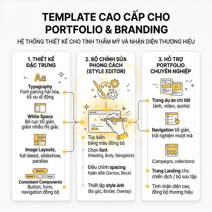 Template cao cấp cho portfolio và branding với thiết kế đặc trưng, bộ chỉnh sửa phong cách và hỗ trợ trình bày dự án chuyên nghiệp