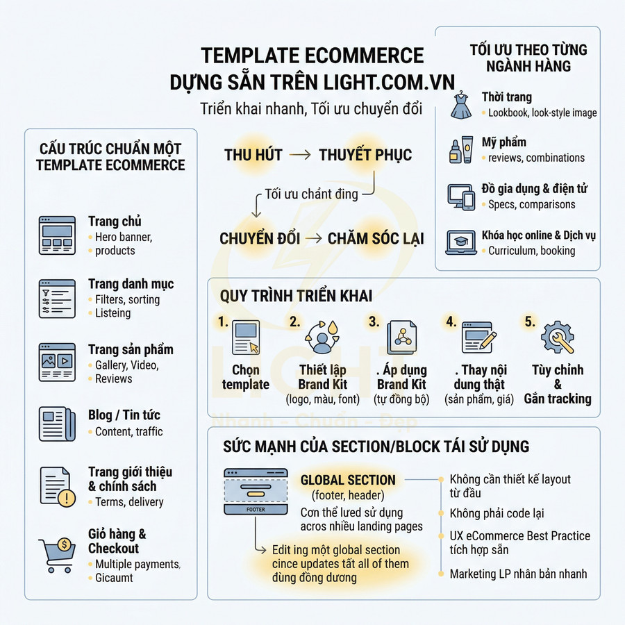 Template ecommerce dựng sẵn trên Light.com.vn với cấu trúc trang bán hàng và quy trình triển khai chi tiết