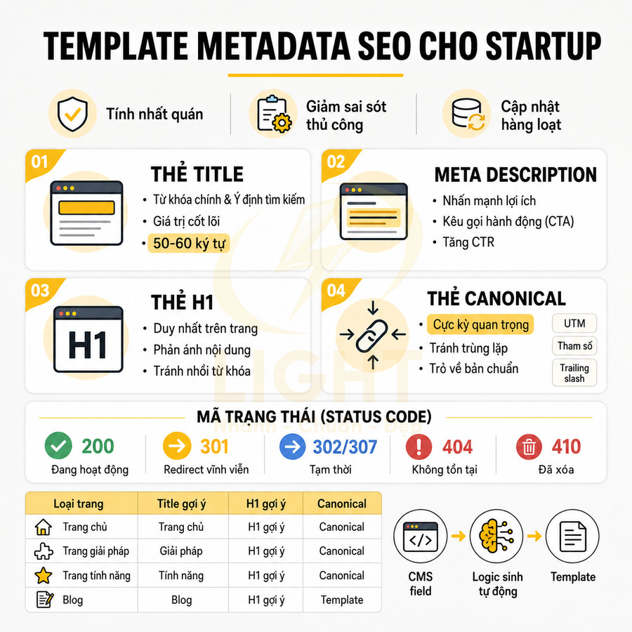 Template metadata SEO cho startup hướng dẫn tối ưu thẻ title, meta description, H1, canonical và mã trạng thái trang web