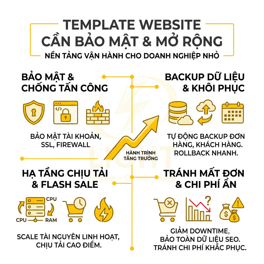 Template website bảo mật mở rộng cho doanh nghiệp nhỏ với tính năng backup dữ liệu, hạ tầng chịu tải và chống tấn công