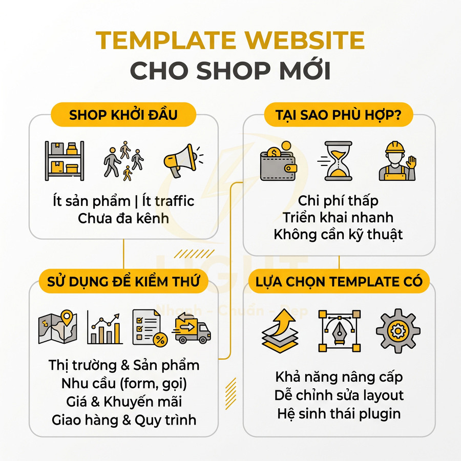 Template website cho shop mới với lợi ích chi phí thấp, dễ triển khai, kiểm thử thị trường và nâng cấp layout