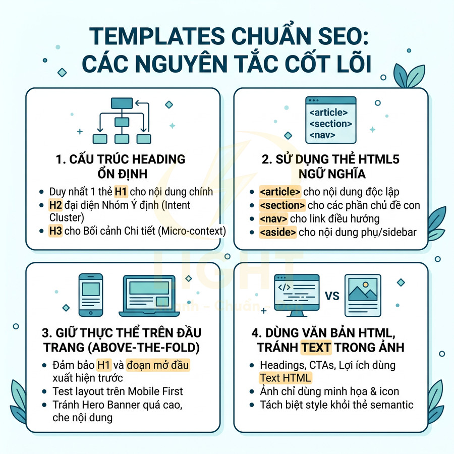 Infographic hướng dẫn templates chuẩn SEO với 4 nguyên tắc cốt lõi về heading, thẻ HTML5, above the fold và dùng text HTML