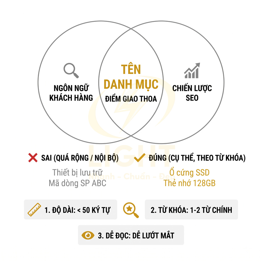 Sơ đồ chọn tên danh mục chuẩn SEO kết hợp ngôn ngữ khách hàng và chiến lược từ khóa