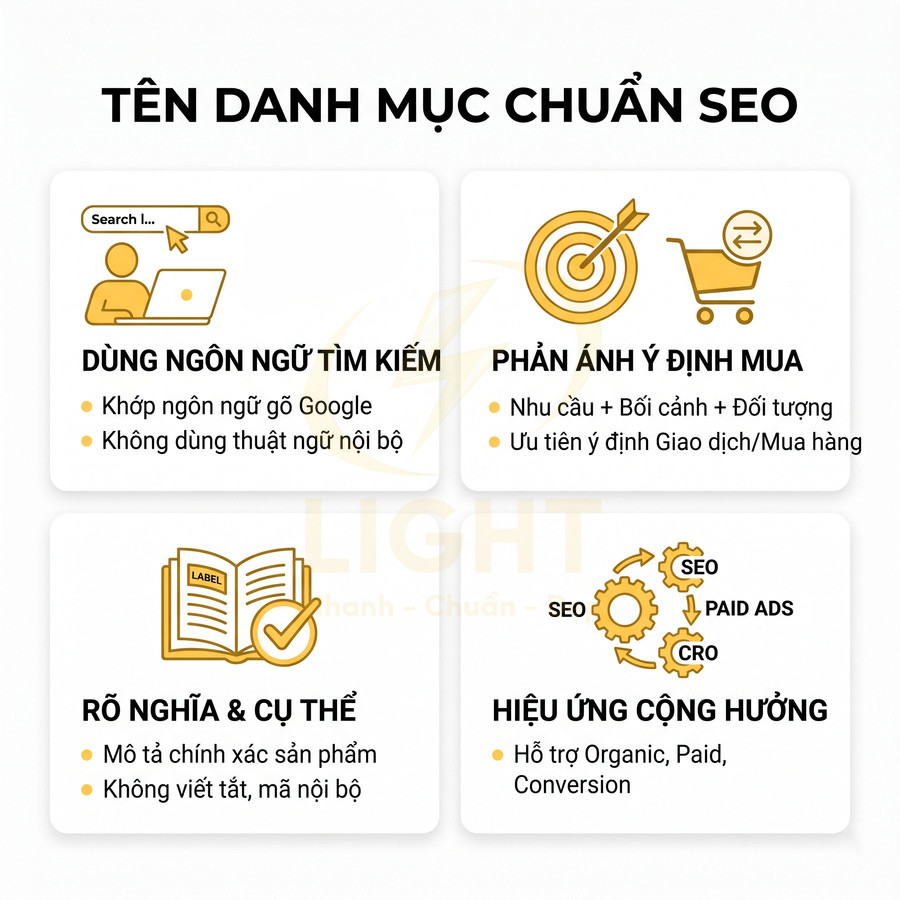 Hướng dẫn đặt tên danh mục chuẩn SEO với bốn nguyên tắc tối ưu từ khóa và ý định mua hàng