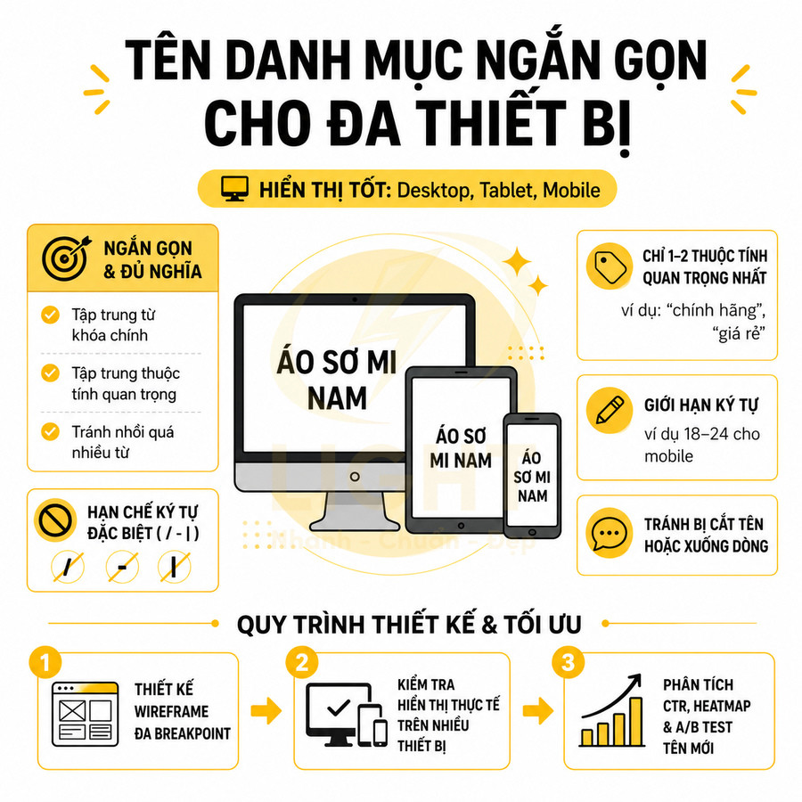 Hướng dẫn đặt tên danh mục áo sơ mi nam ngắn gọn hiển thị tốt trên desktop tablet mobile