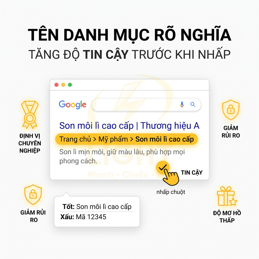 Mô phỏng kết quả tìm kiếm Google cho danh mục son môi lì cao cấp với breadcrumb rõ ràng tăng độ tin cậy