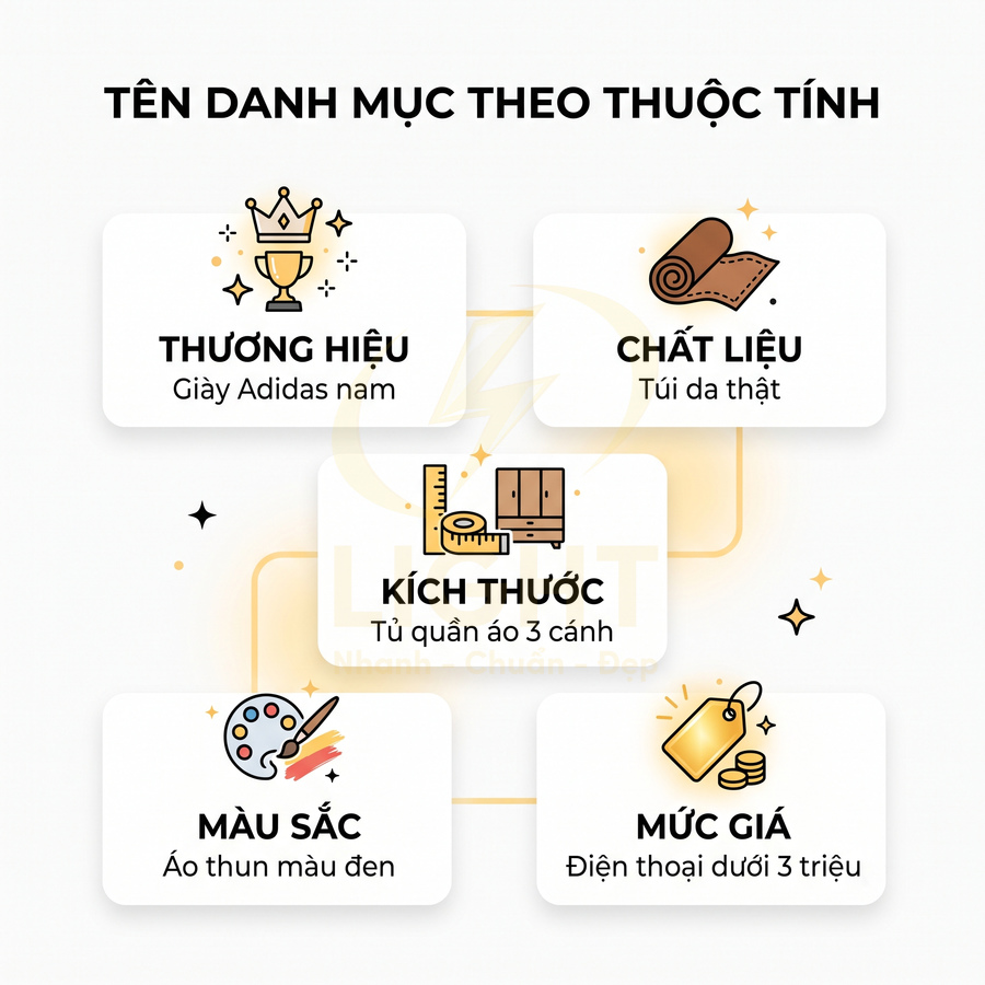 Minh họa các thuộc tính sản phẩm: thương hiệu giày Adidas nam, chất liệu túi da thật, kích thước tủ áo, màu áo thun, mức giá điện thoại