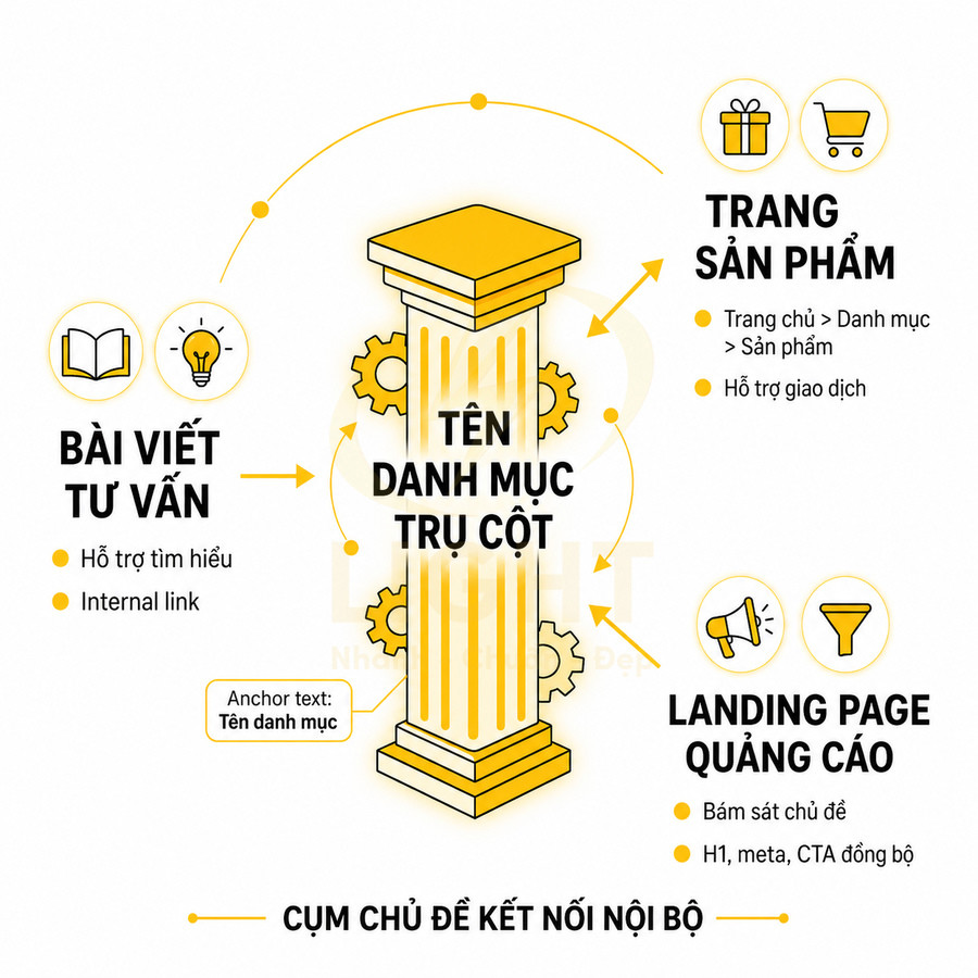 Mô hình danh mục trụ cột kết nối bài viết tư vấn, trang sản phẩm và landing page quảng cáo trong chiến lược SEO