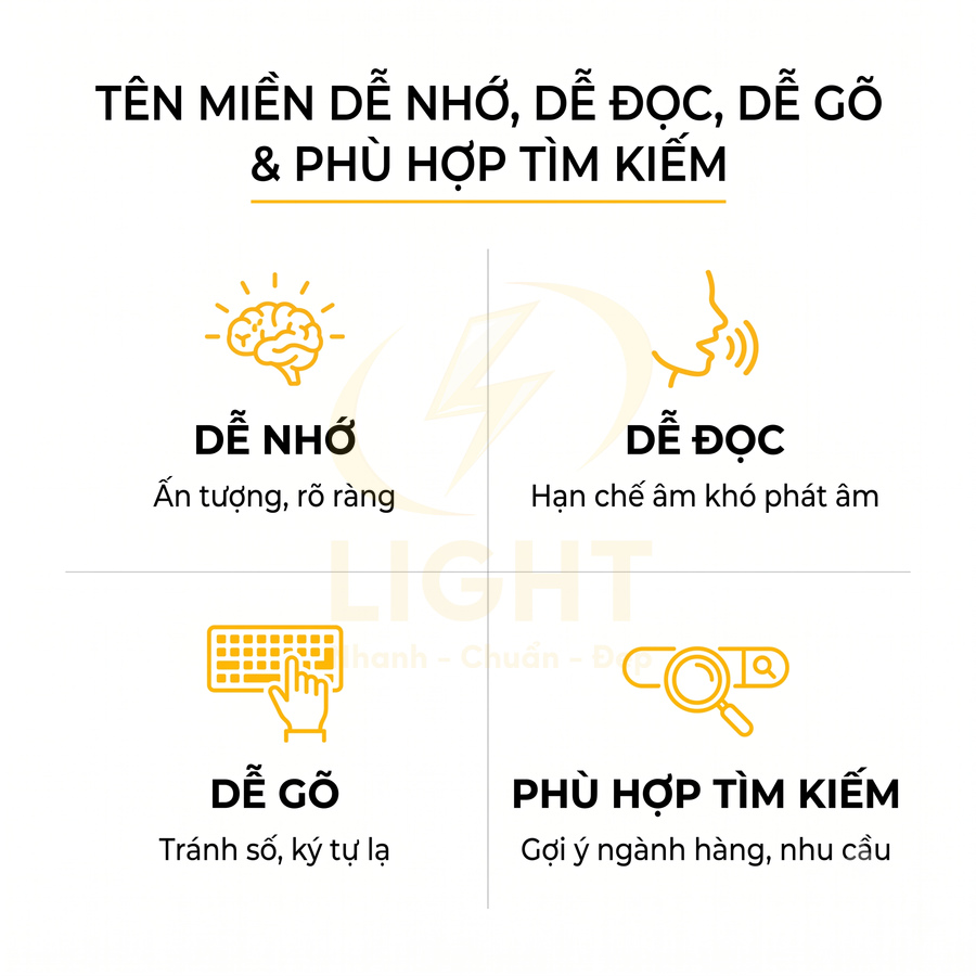 Tiêu chí chọn tên miền dễ nhớ dễ đọc dễ gõ và phù hợp tìm kiếm cho website kinh doanh