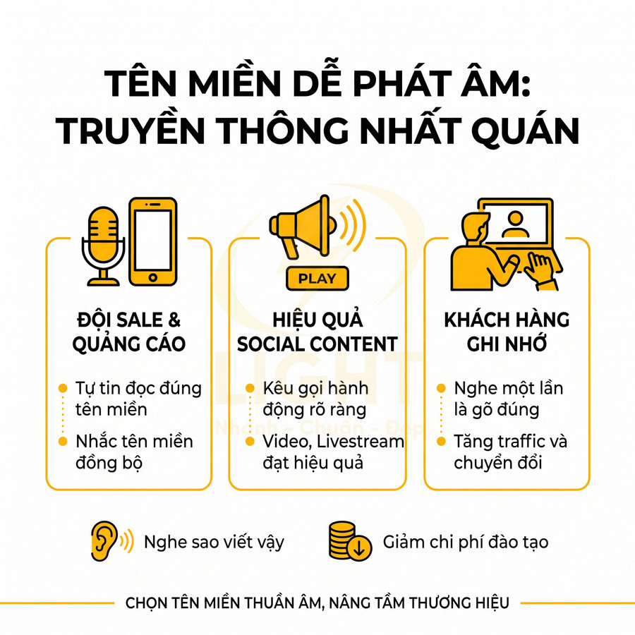 Infographic lợi ích chọn tên miền dễ phát âm giúp đồng bộ truyền thông, tăng hiệu quả sale, social content và ghi nhớ khách hàng