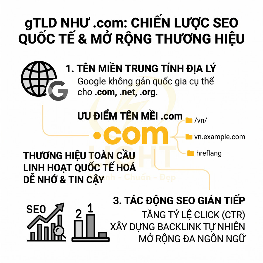 Infographic lợi ích tên miền .com cho chiến lược SEO quốc tế và mở rộng thương hiệu toàn cầu