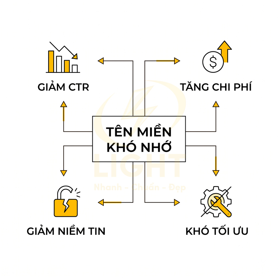 Tác hại của tên miền khó nhớ với website gồm giảm CTR, tăng chi phí, giảm niềm tin và khó tối ưu