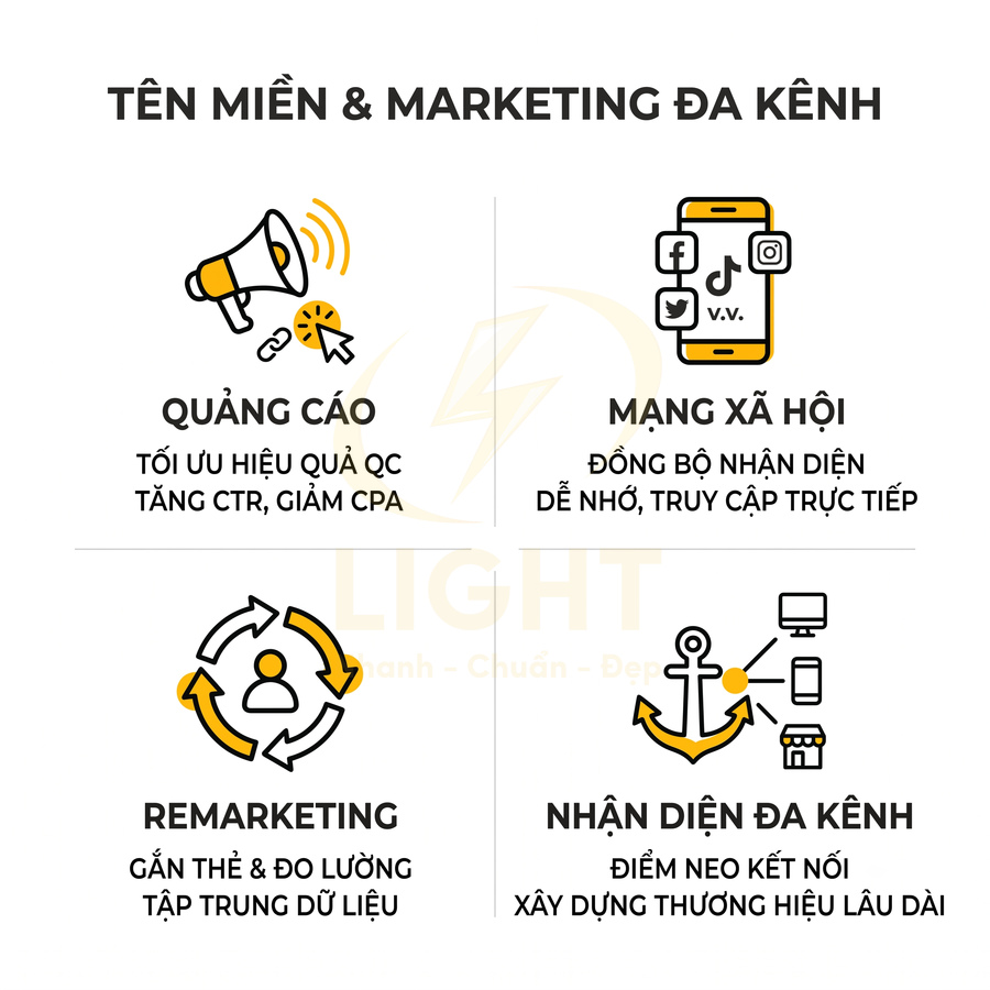 Tên miền và marketing đa kênh với quảng cáo, mạng xã hội, remarketing và nhận diện đa kênh