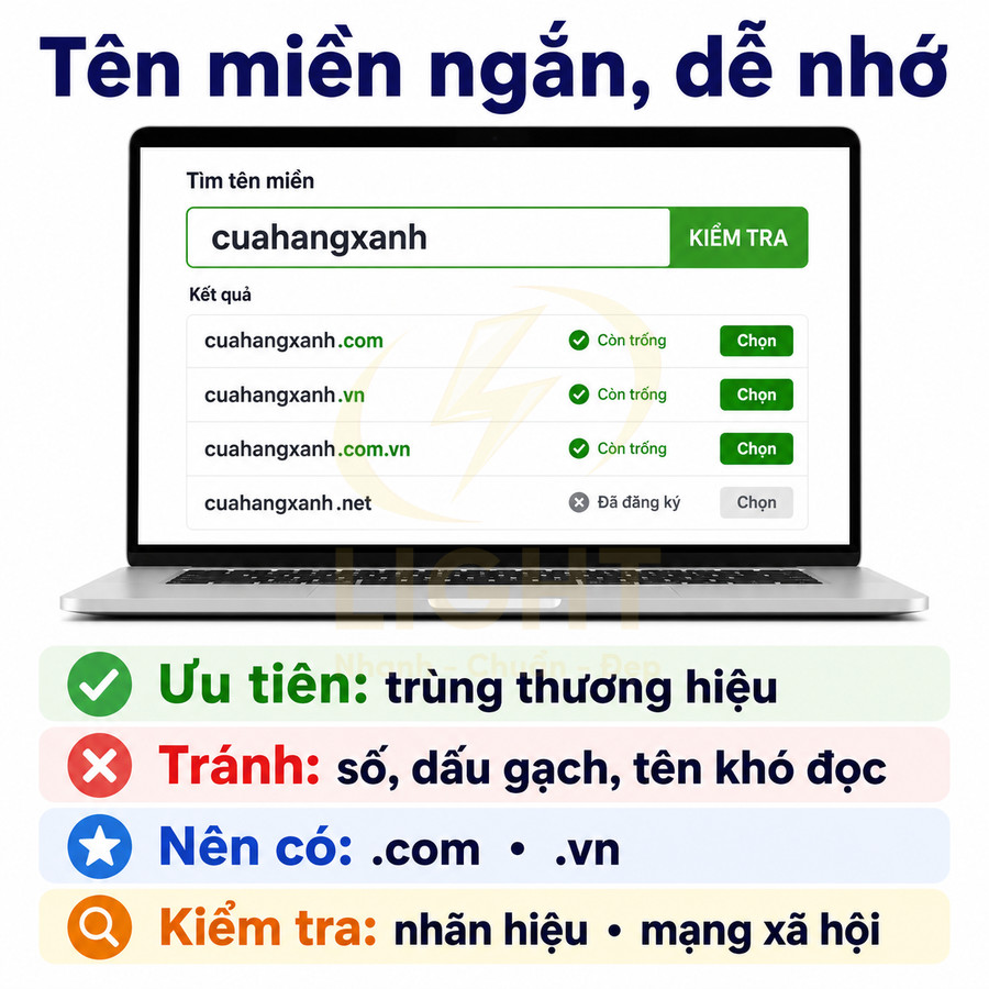 Hướng dẫn chọn tên miền ngắn dễ nhớ trên màn hình laptop với gợi ý ưu tiên trùng thương hiệu