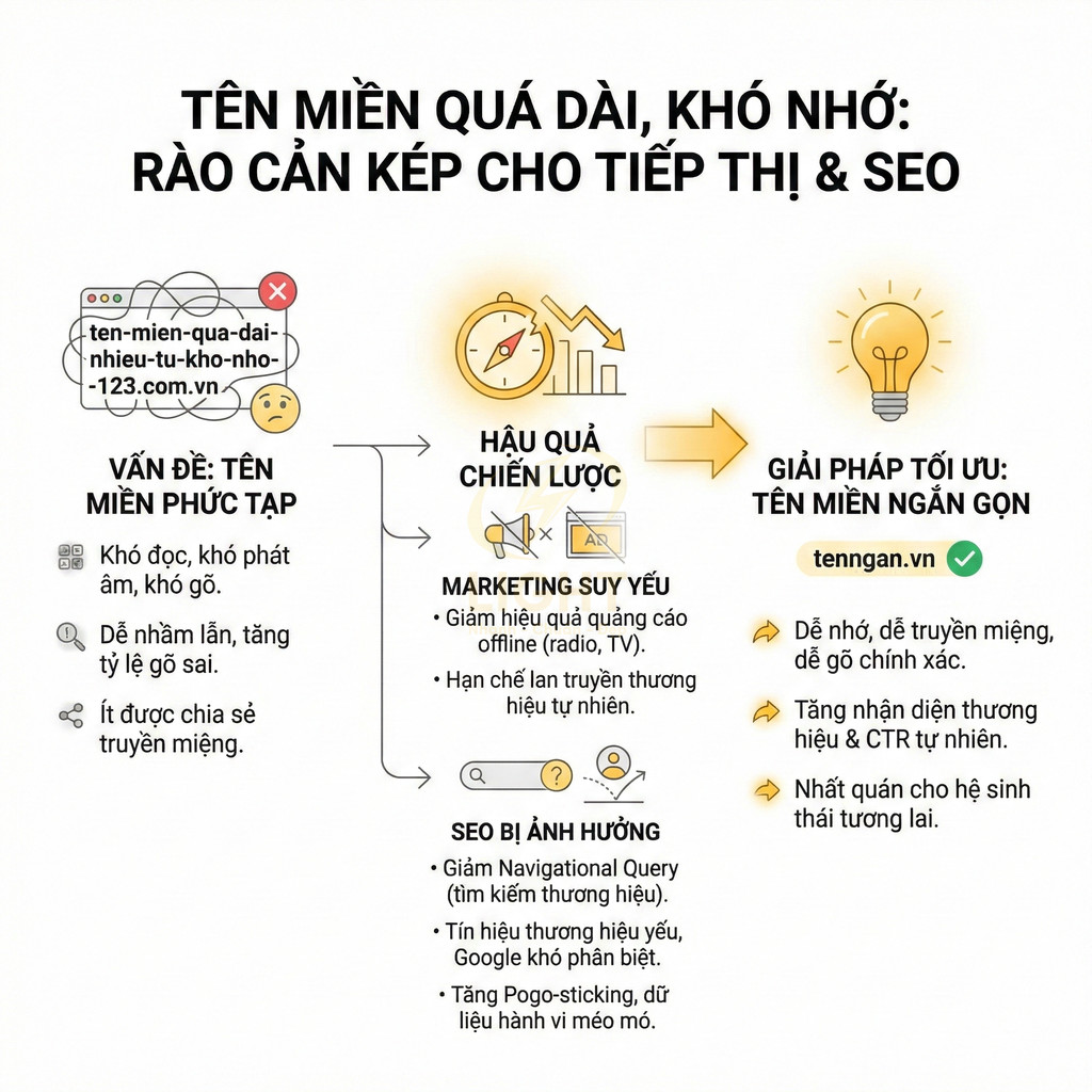 Infographic so sánh tên miền dài phức tạp với giải pháp tên miền ngắn gọn tennqan.vn cho hiệu quả SEO và marketing