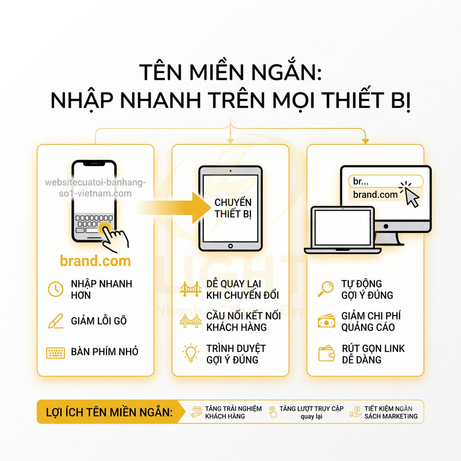 Infographic lợi ích tên miền ngắn brand.com giúp nhập nhanh trên điện thoại, máy tính bảng và máy tính, giảm lỗi gõ