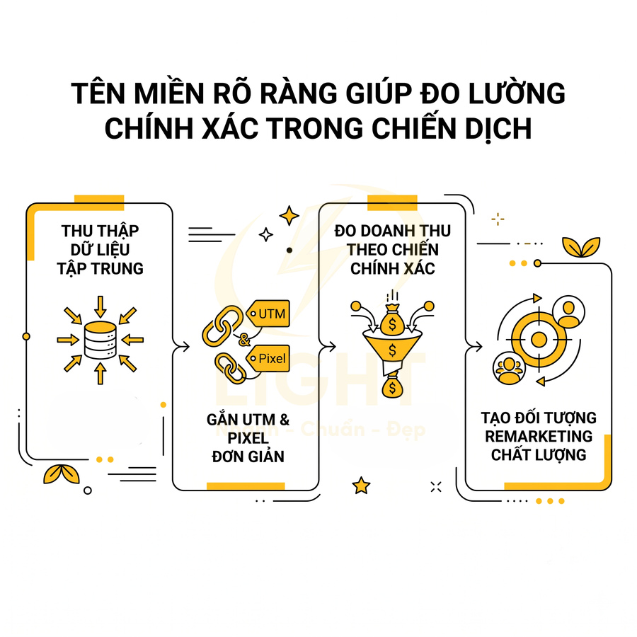 Tên miền rõ ràng giúp thu thập dữ liệu, gắn UTM pixel, đo doanh thu và tạo tệp remarketing chất lượng