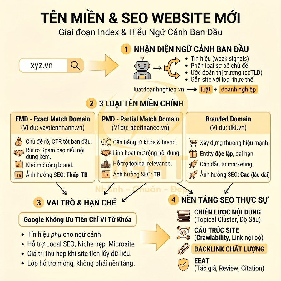 Infographic hướng dẫn chọn tên miền và tối ưu SEO website mới với các loại domain và nền tảng SEO thực sự