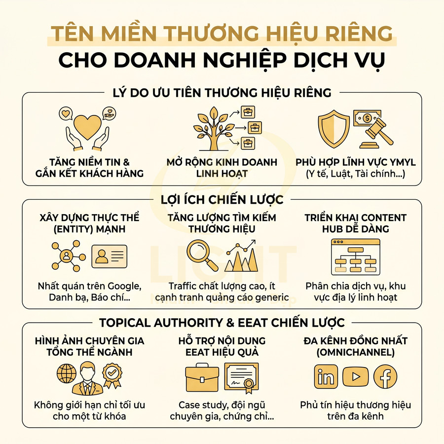 Infographic lợi ích tên miền thương hiệu riêng cho doanh nghiệp dịch vụ về niềm tin khách hàng và chiến lược SEO
