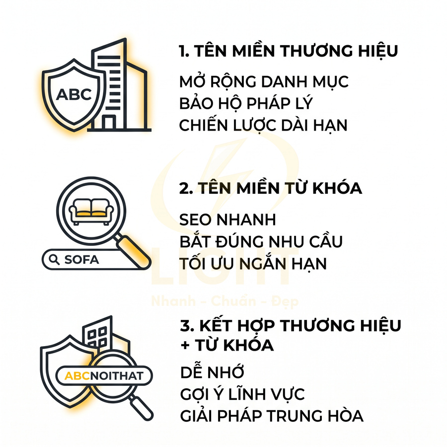 So sánh tên miền thương hiệu, tên miền từ khóa và kết hợp để tối ưu SEO và chiến lược kinh doanh