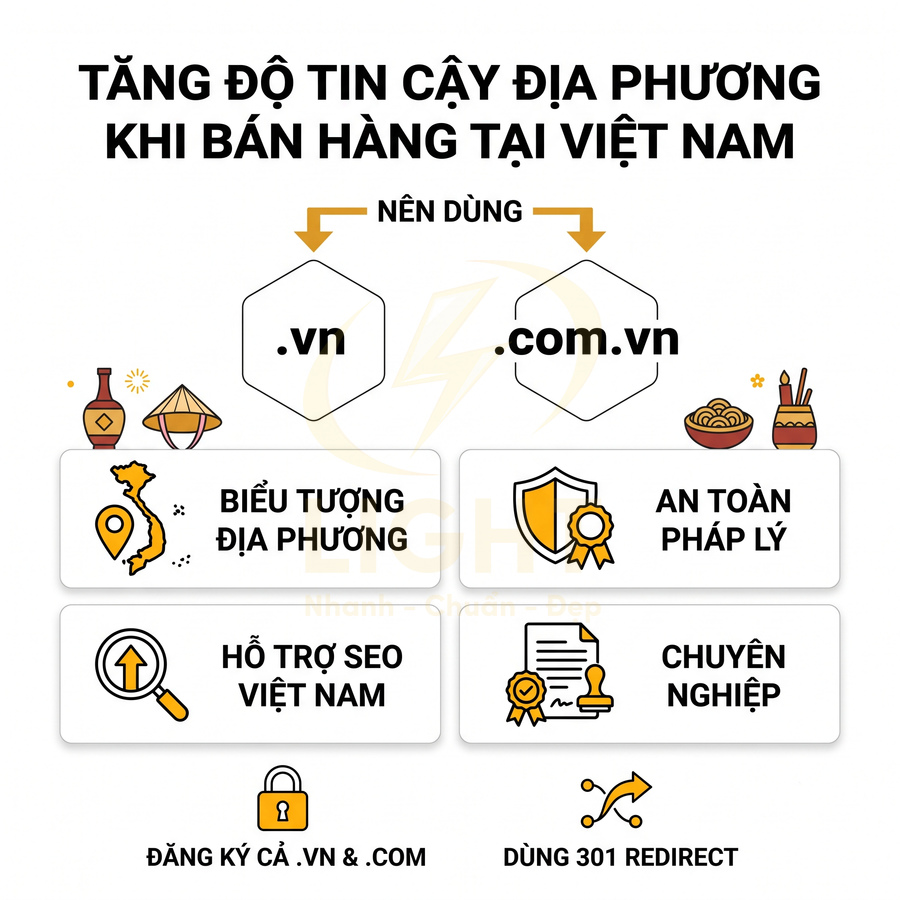 Lợi ích dùng tên miền .vn và .com.vn tăng độ tin cậy địa phương, hỗ trợ SEO và an toàn pháp lý khi bán hàng Việt Nam