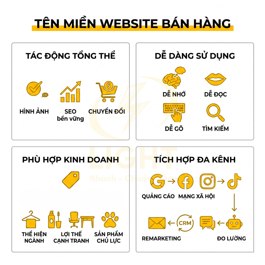Lợi ích tên miền website bán hàng với tác động SEO, chuyển đổi, dễ sử dụng, phù hợp kinh doanh và tích hợp đa kênh