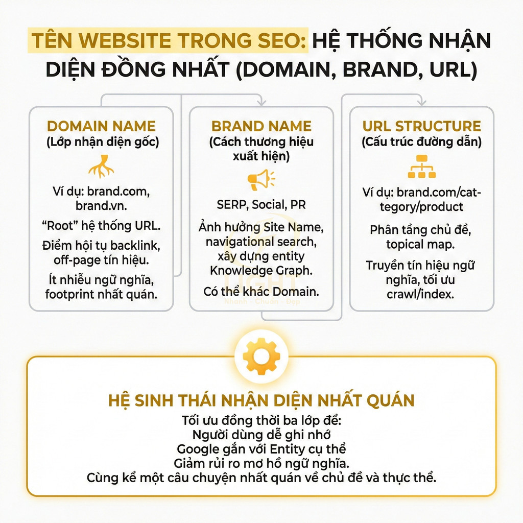 Infographic giải thích vai trò domain name, brand name và cấu trúc URL trong hệ thống nhận diện website chuẩn SEO
