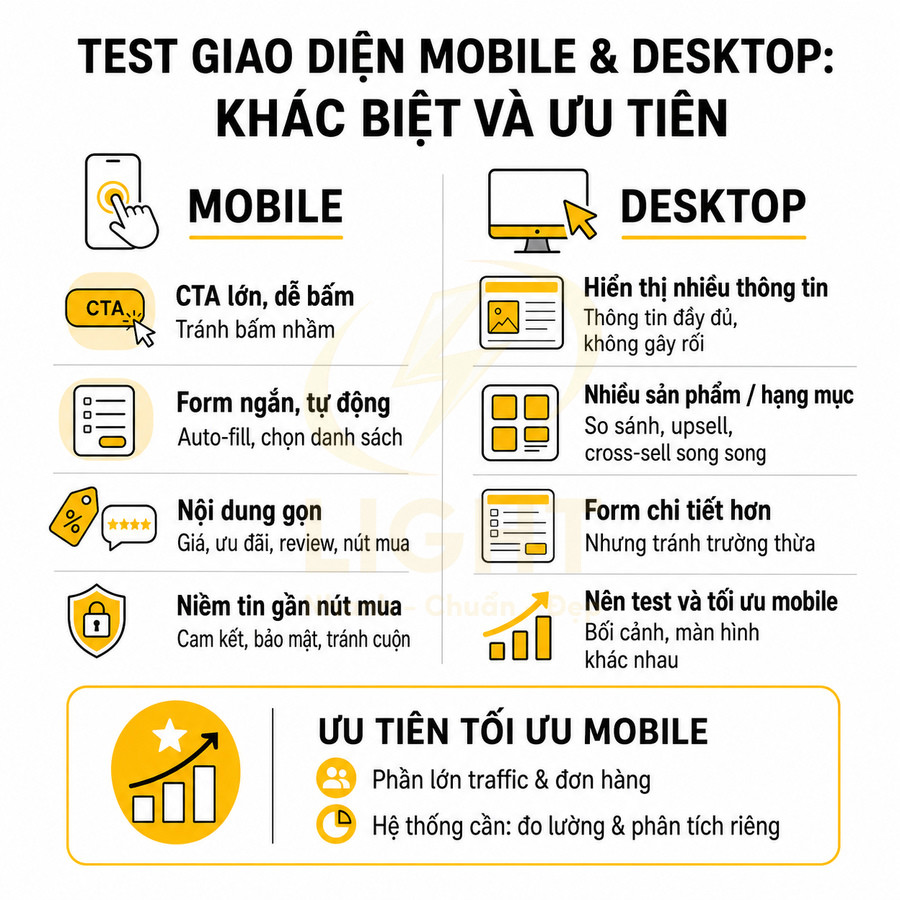 Infographic so sánh khác biệt và ưu tiên khi test giao diện mobile và desktop, nhấn mạnh tối ưu trải nghiệm mobile