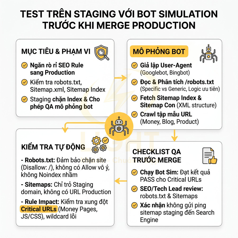Quy trình test staging với bot simulation kiểm tra robots.txt, sitemap và QA SEO trước khi merge production