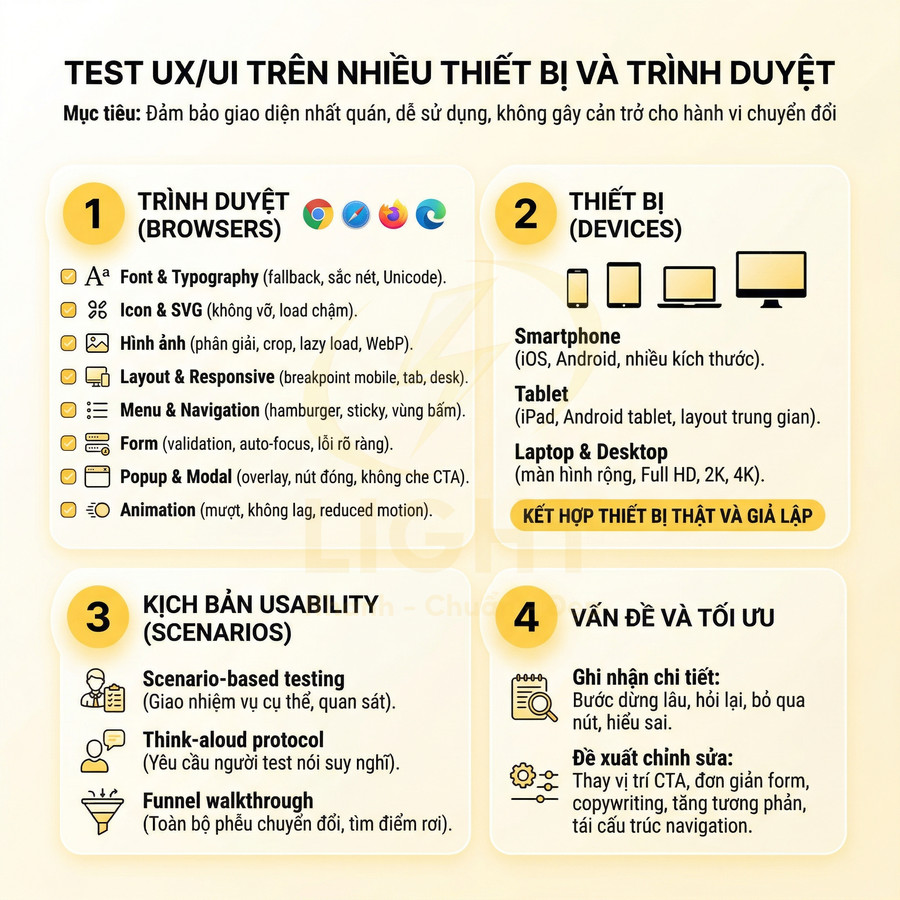 Checklist test UX UI trên nhiều thiết bị và trình duyệt với trình duyệt, thiết bị, kịch bản usability và tối ưu hóa