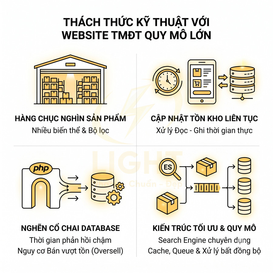 Mô tả thách thức kỹ thuật và giải pháp kiến trúc cho website thương mại điện tử quy mô lớn