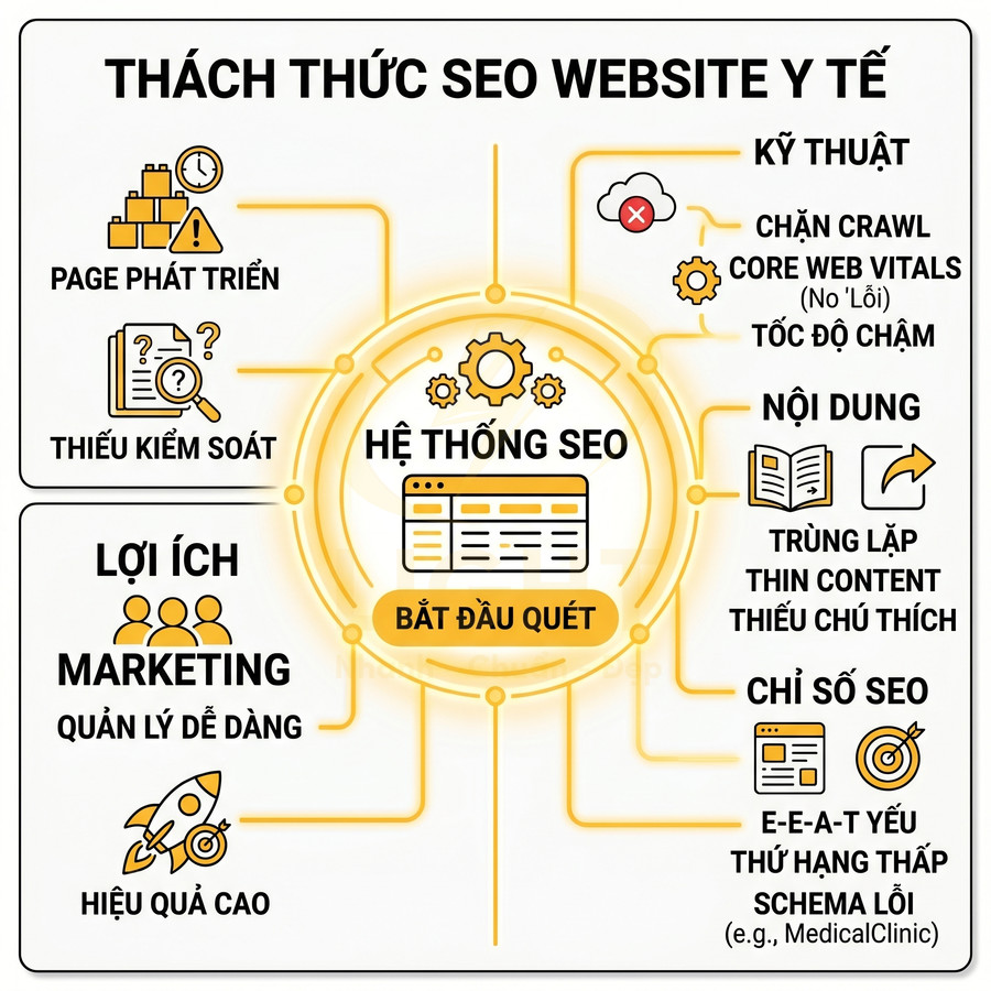 Infographic thách thức SEO website y tế và lợi ích hệ thống SEO tự động quét, tối ưu kỹ thuật, nội dung, chỉ số SEO
