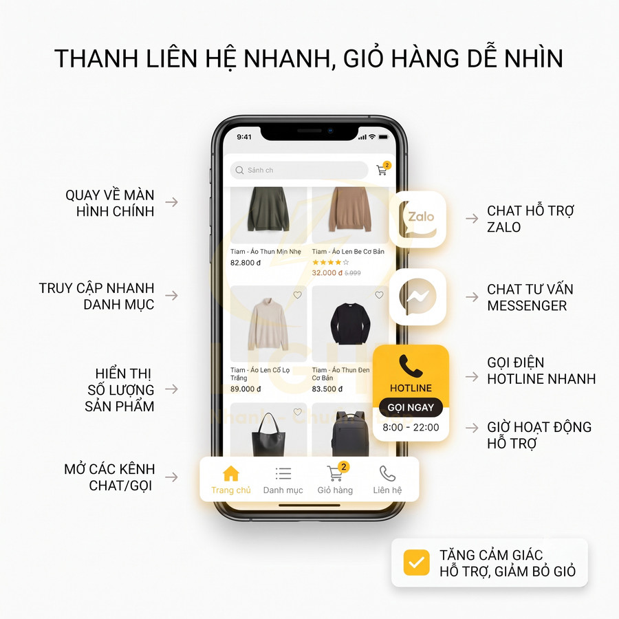 Giao diện ứng dụng mua sắm quần áo trên iPhone với thanh liên hệ nhanh Zalo, Messenger, hotline và biểu tượng giỏ hàng