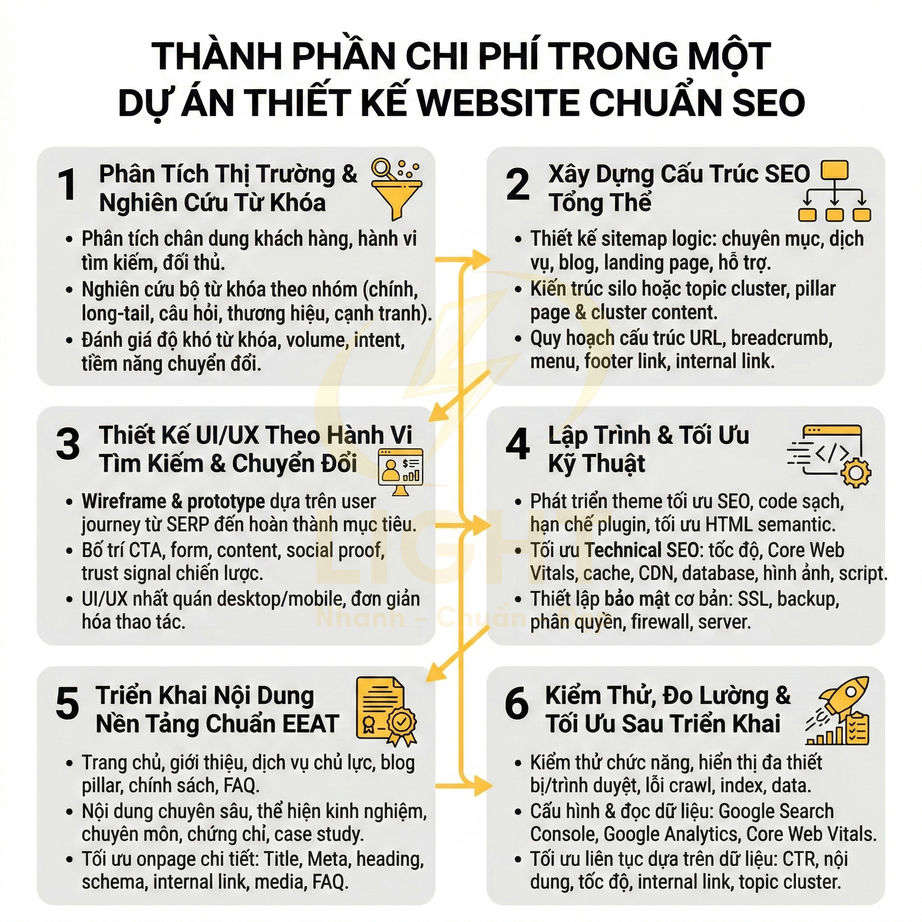 Infographic các bước và chi phí trong một dự án thiết kế website chuẩn SEO bằng tiếng Việt
