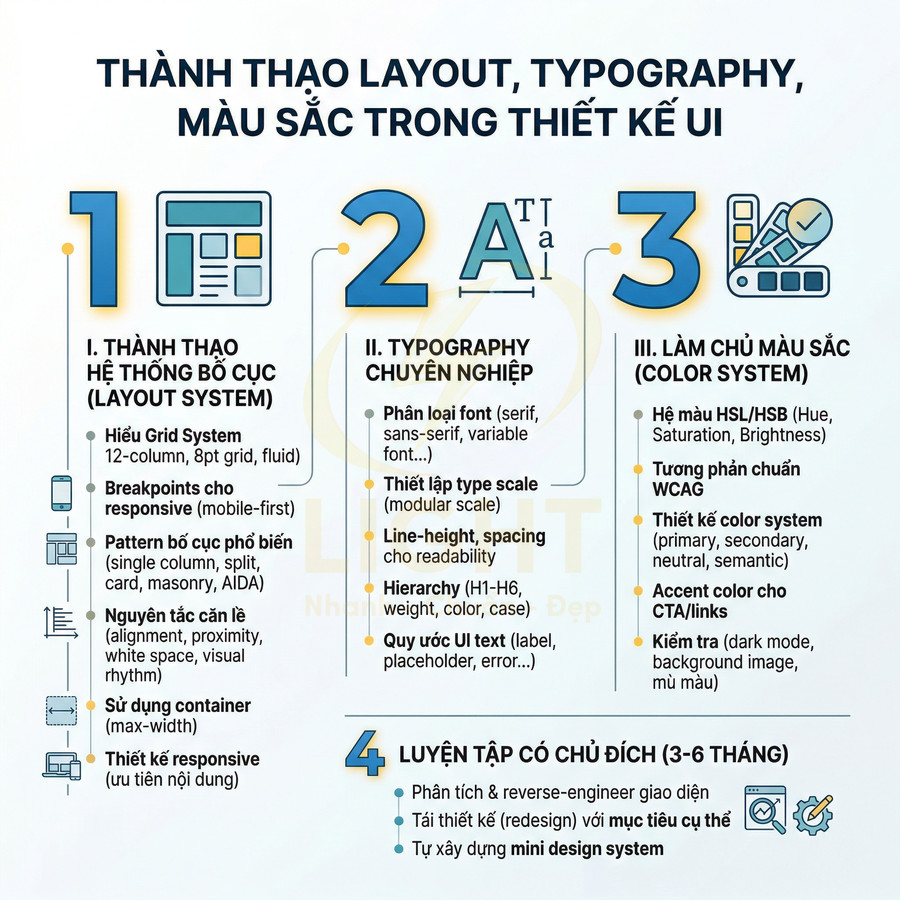 Hướng dẫn thành thạo layout, typography và màu sắc trong thiết kế UI với các bước luyện tập cụ thể