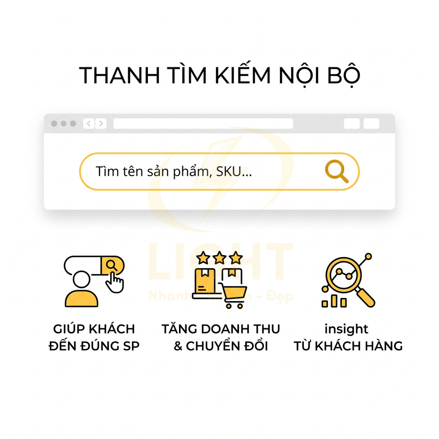 Thanh tìm kiếm nội bộ website giúp khách tìm sản phẩm theo tên hoặc SKU và tăng doanh thu chuyển đổi