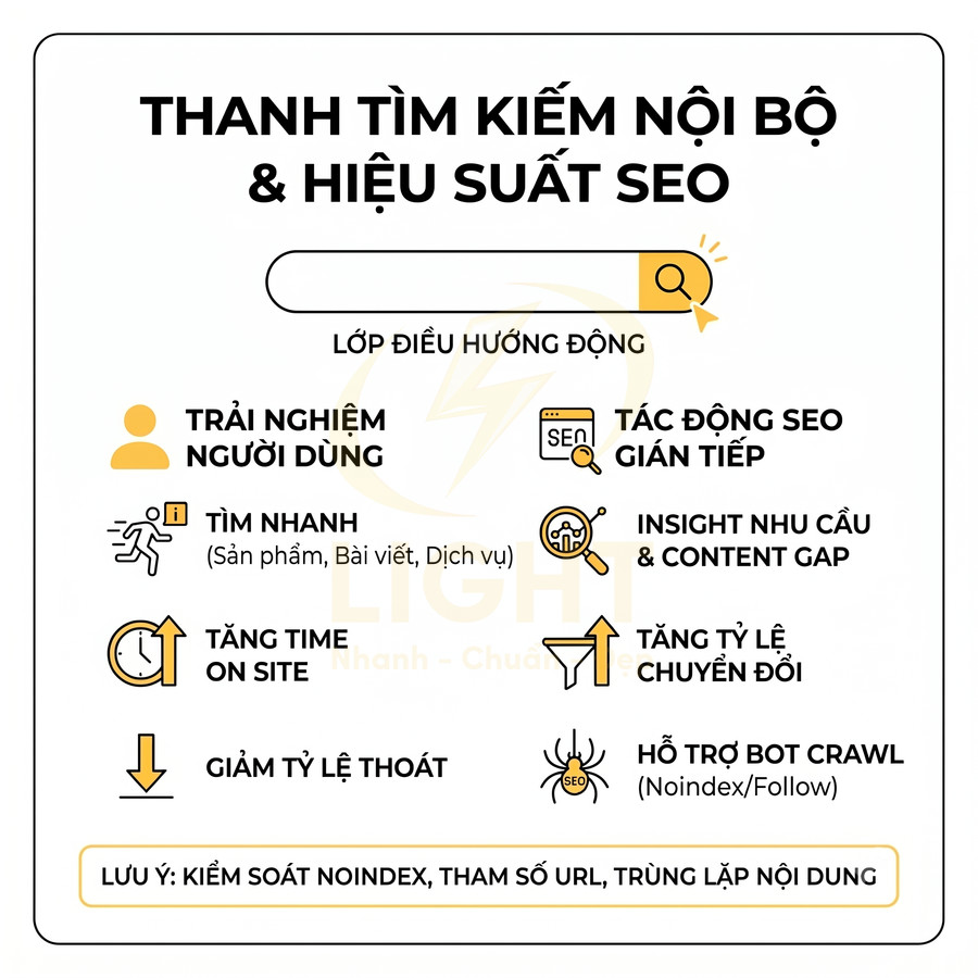 Infographic lợi ích thanh tìm kiếm nội bộ cho trải nghiệm người dùng và hiệu suất SEO trên website