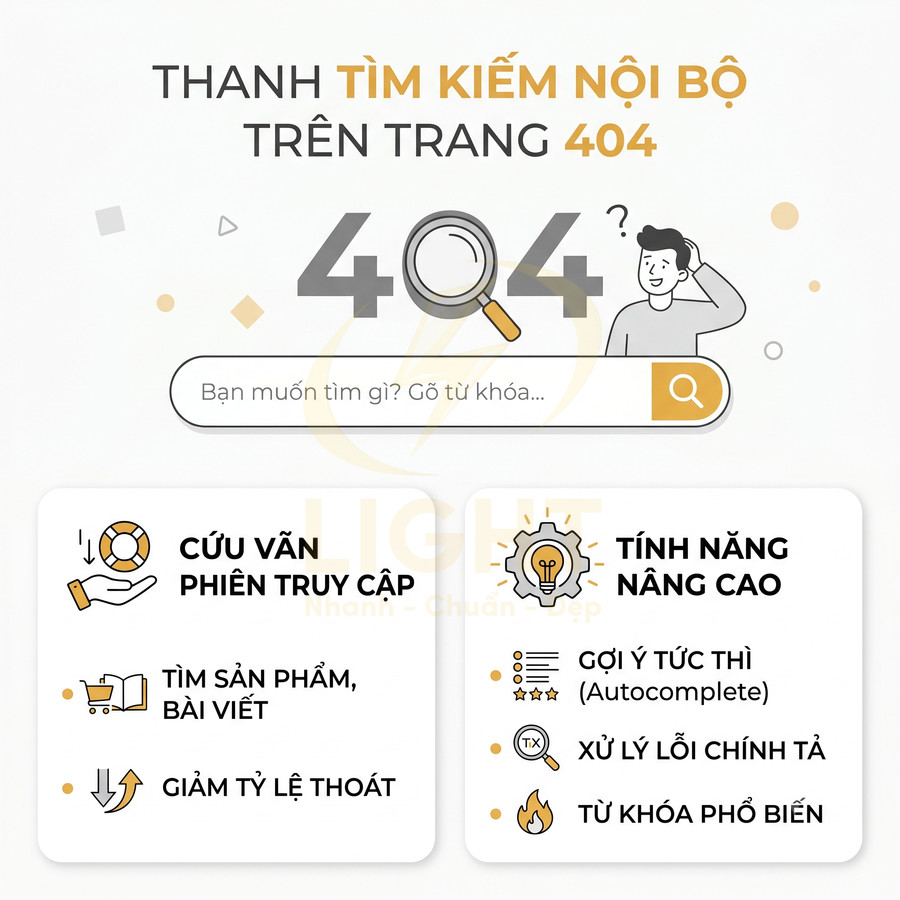 Thiết kế giới thiệu thanh tìm kiếm nội bộ trên trang 404 với lợi ích cứu vãn phiên truy cập và tính năng nâng cao