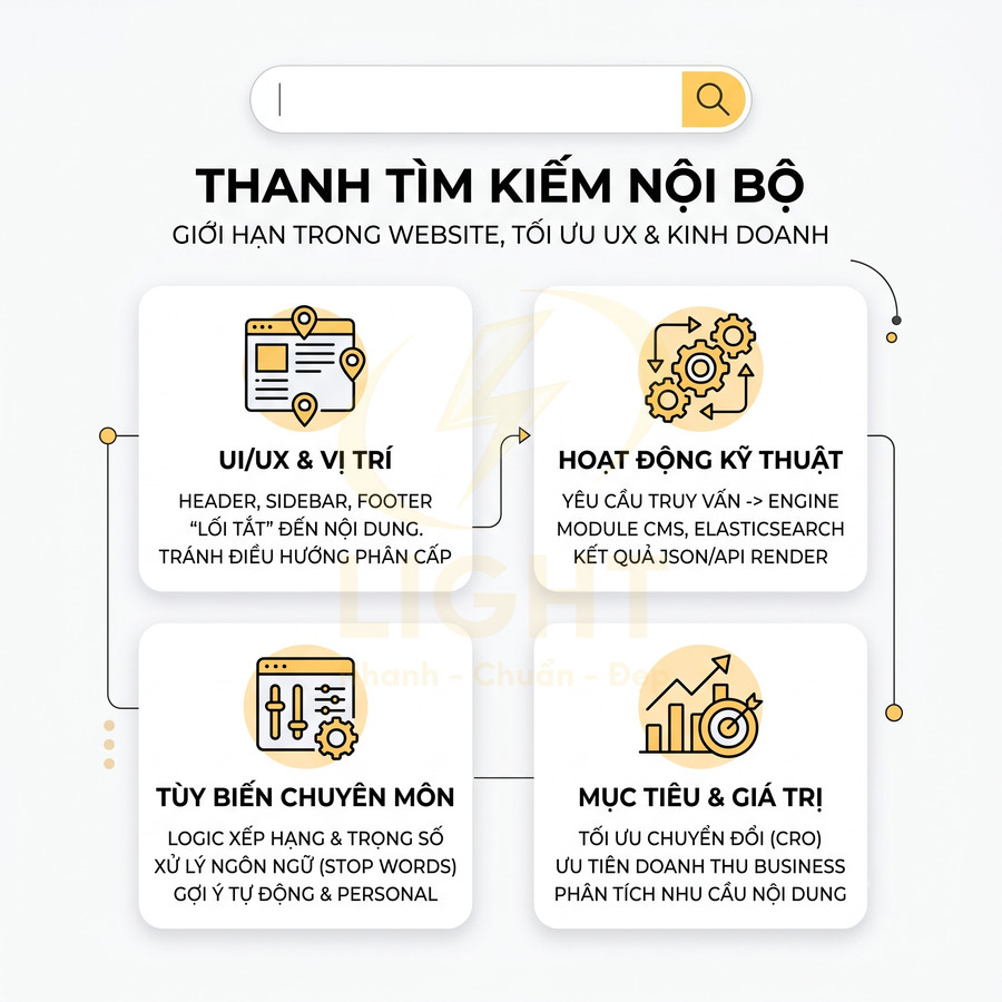 Thiết kế giới thiệu thanh tìm kiếm nội bộ website với các lợi ích về UX, kỹ thuật, tùy biến và mục tiêu kinh doanh