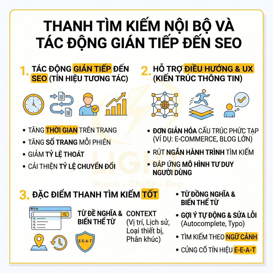 Infographic về thanh tìm kiếm nội bộ và tác động gián tiếp đến SEO, nêu lợi ích UX và đặc điểm của thanh tìm kiếm tốt