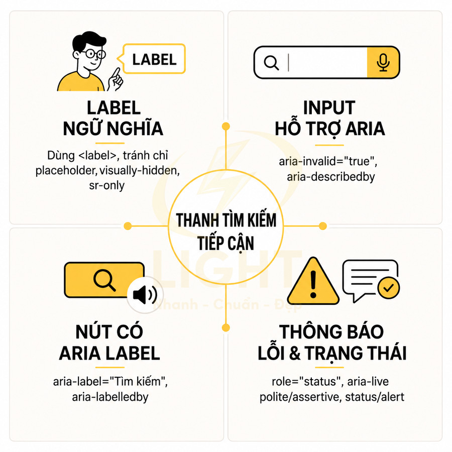 Hướng dẫn thiết kế thanh tìm kiếm web tiếp cận với label ngữ nghĩa, ARIA cho input, nút tìm kiếm và thông báo lỗi trạng thái