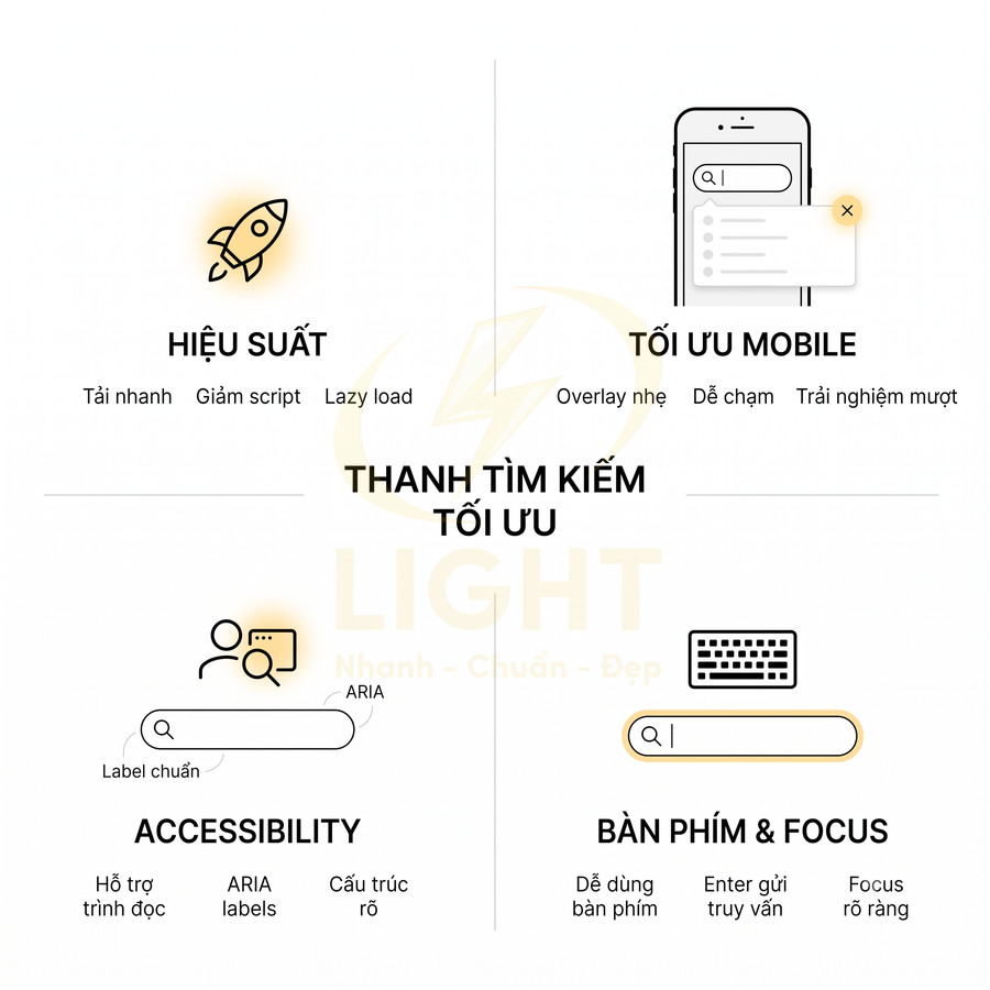 Mô tả thanh tìm kiếm tối ưu cho website với hiệu suất cao, thân thiện mobile, hỗ trợ accessibility và bàn phím