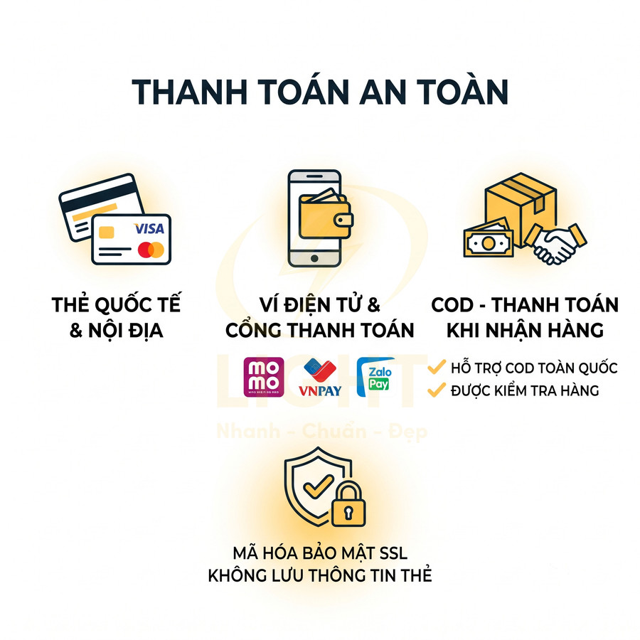 Các hình thức thanh toán an toàn bằng thẻ Visa, ví điện tử MoMo VNPAY ZaloPay, COD và bảo mật SSL