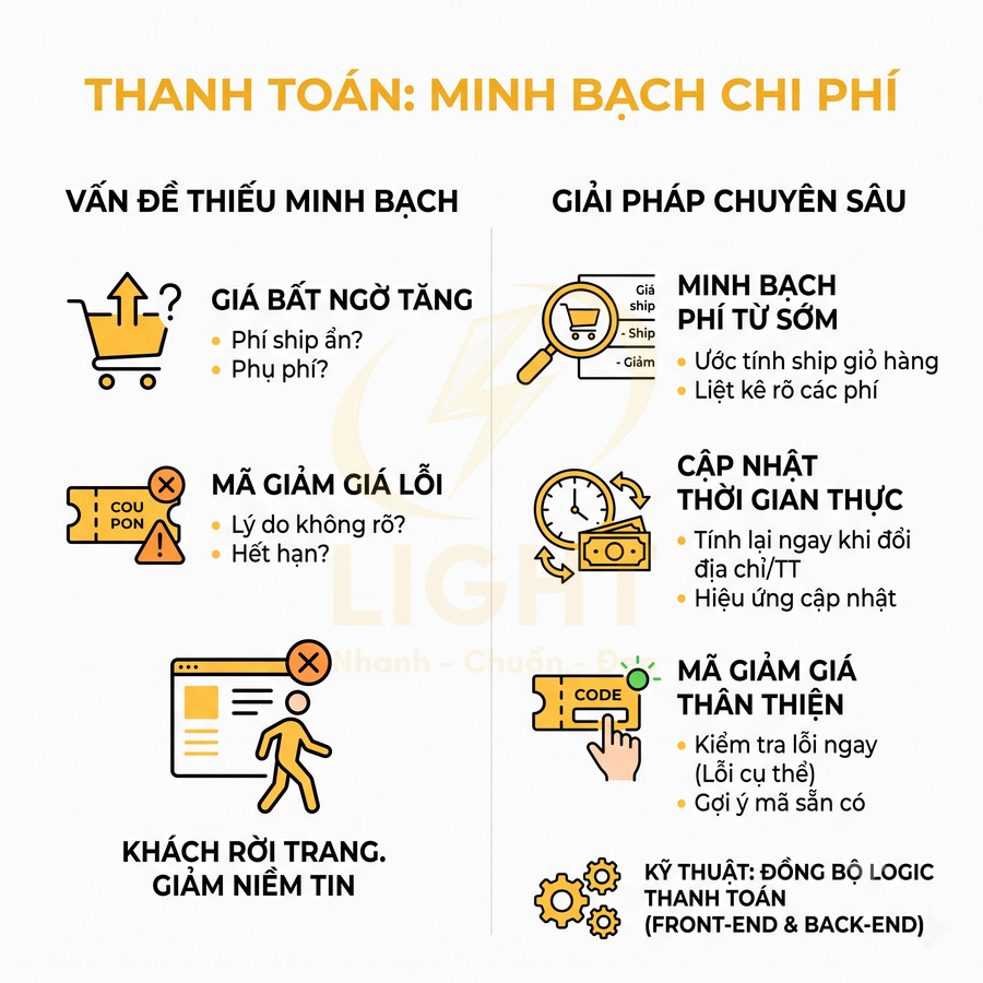 Infographic giải pháp minh bạch chi phí thanh toán online, xử lý phí ship, mã giảm giá và cập nhật thời gian thực