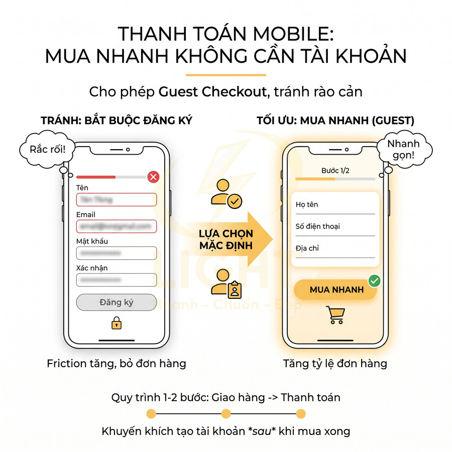 Giao diện thanh toán mobile cho phép mua nhanh không cần tài khoản, tối ưu quy trình guest checkout