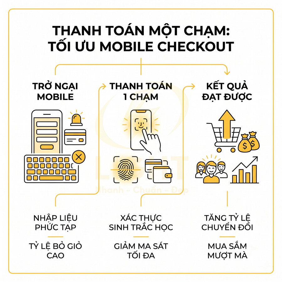 Minh họa quy trình thanh toán một chạm trên điện thoại với xác thực sinh trắc học giúp tối ưu mobile checkout
