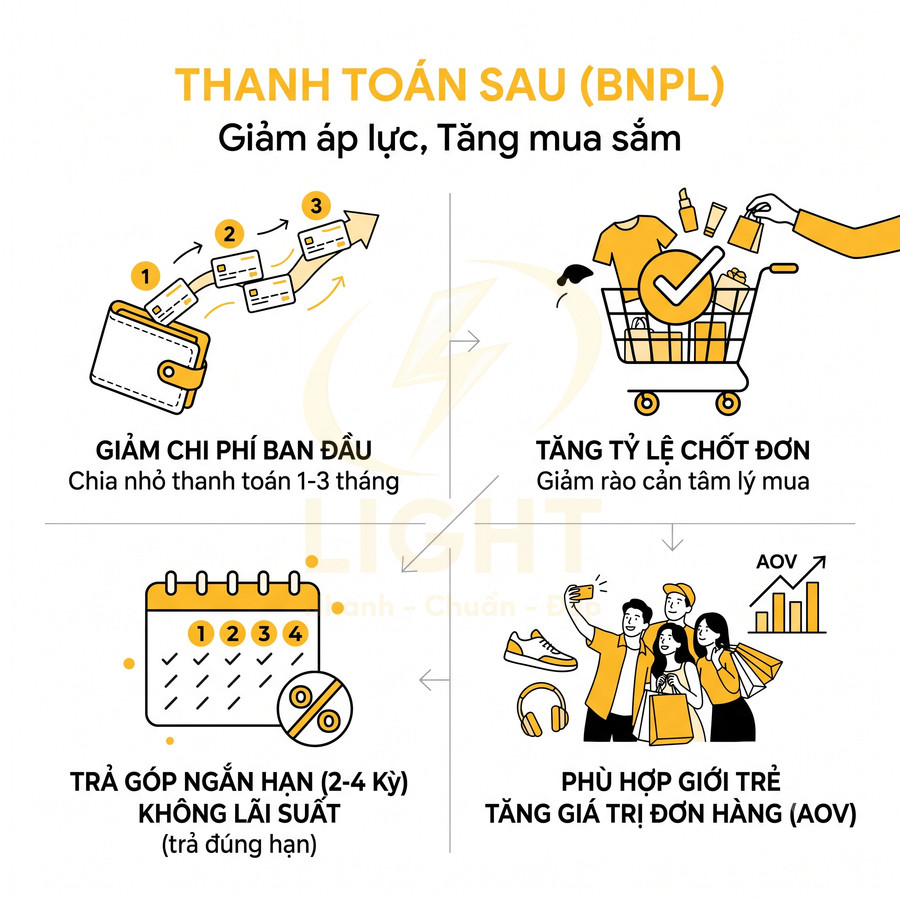 Infographic lợi ích thanh toán sau BNPL giảm chi phí ban đầu, trả góp 0 lãi, tăng tỷ lệ chốt đơn và giá trị đơn hàng