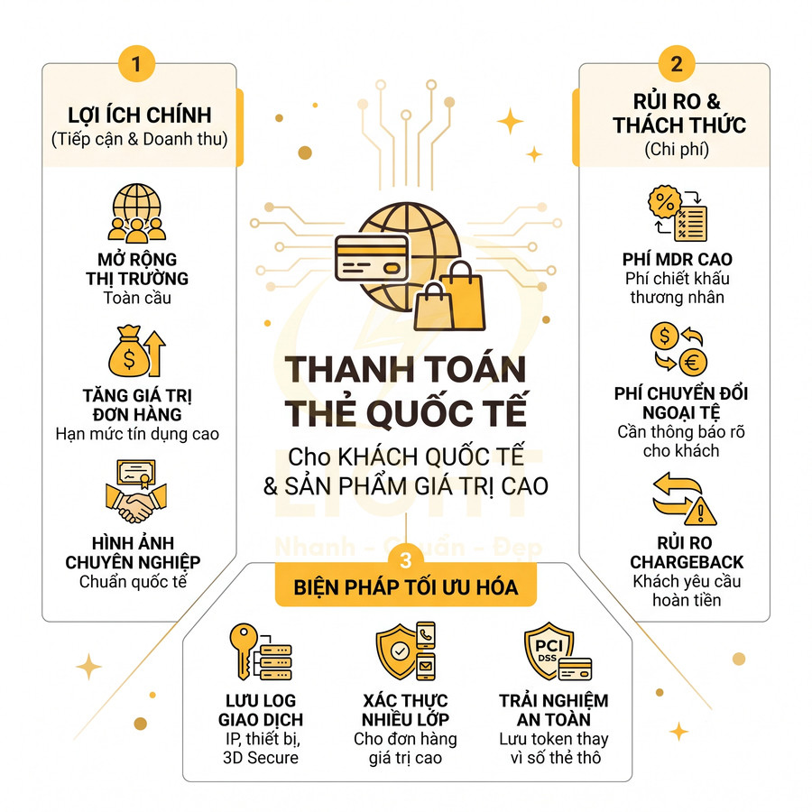 Infographic thanh toán thẻ quốc tế nêu lợi ích, rủi ro chi phí và biện pháp tối ưu hóa giao dịch an toàn