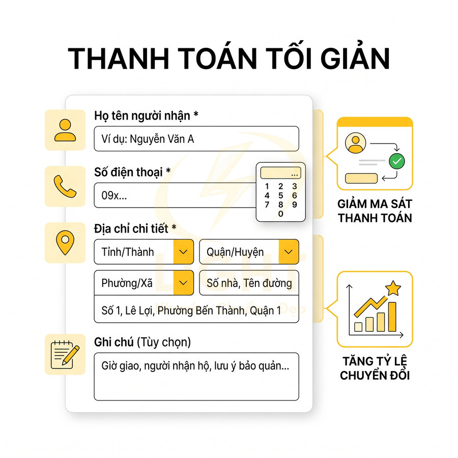 Mẫu form thanh toán tối giản với các trường thông tin giao hàng giúp giảm ma sát và tăng tỷ lệ chuyển đổi